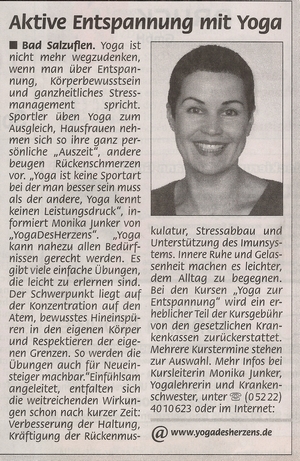 Zeitungsartikel Lippische Landeszeitung vom 10.10.2008 über Yoga